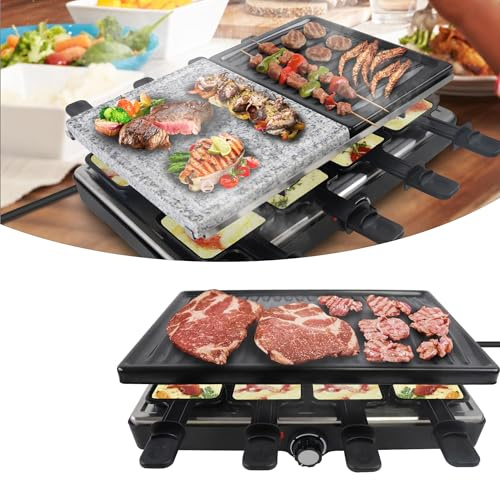 YZNAHRE Raclette Grill für 8 Personen, Elektrischer Tischgrill 1400W, Antihaft-Racletteplatte, inkl. 8 Pfännchen, Holzspachtel, 2 Granitplatten