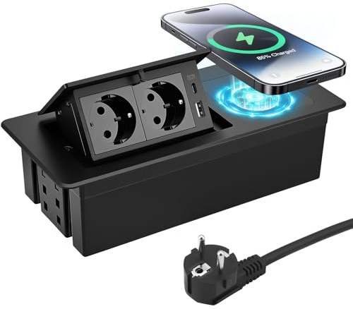 Prise escamotable avec USB, multiprise encastrée avec chargeur sans fil, ouverture douce, aluminium moulé par injection, câble de raccordement de 1,8 m, prise encastrée pour cuisine, bureau, table de