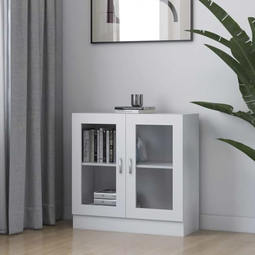 Hommdiy Vitrinenschrank Wohnzimmer,Glas Vitrine Hochglanz mit Glastüren Hochglanz Holzwerkstoff 80 cm Weiß