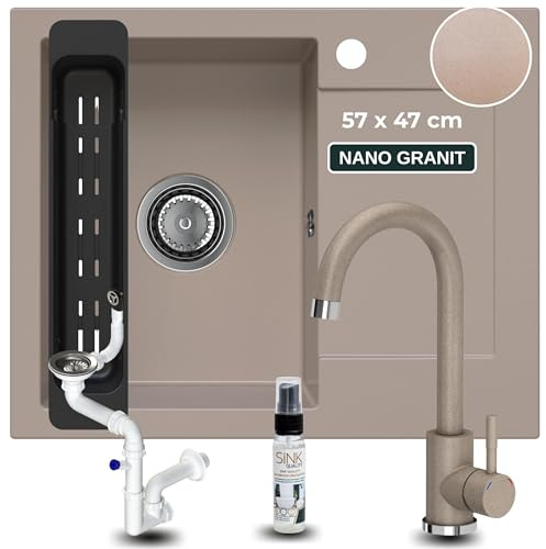 SINK QUALITY Granitspüle beige mit Armatur 58x47 - Spülbecken mit Siphon und Imprägniermittel - Küchenspüle beige mit Abtropffläche für 50er Unterschrank