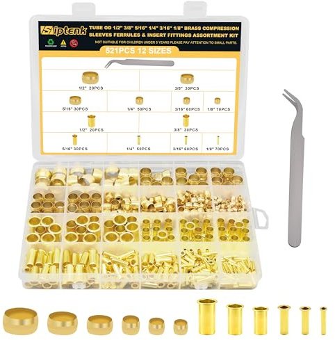 Siptenk 520PCS Brass Compression Sleeves Ferrules Inserts Fittings Assortment Kit for Tube OD 1/2 3/8 5/16 1/4 3/16 1/8, 6 Sizes Air Brake Fittings for Air Water Fuel Oil