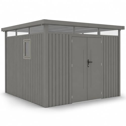 Gerätehaus Metall pulverbeschichtet grau RAL 9007 | Geräteschuppen Flachdach | Tageslichtfenster, große Tür, hochwertiges Schloss