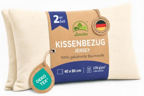 leevitex Kissenbezug 40 x 80 cm - 2er Set - 100% Baumwolle Jersey - Creme | Öko-Tex Zertifiziert · mit verdecktem Reißverschluss · Kopfkissenbezug & Kissenhülle · 170 g/m² · Weich · Waschbar