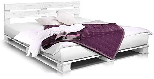 PALETTI Palettenbett inklusive Kopfteil Massivholzbett Holzbett Bett aus Paletten mit 11 Leisten, Palettenmöbel Made in Germany, 180 x 200 cm, Fichte Weiss