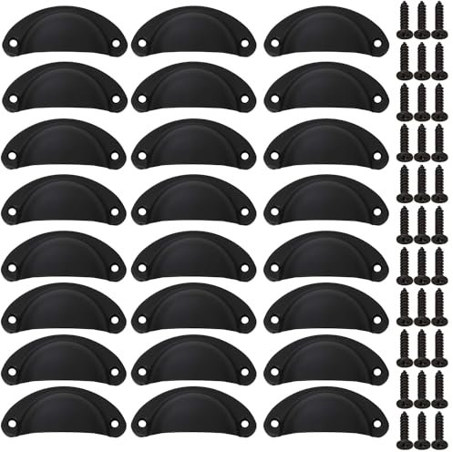 24 PCS Coquille Bouton de Meuble Armoire, Poignée de Armoire Noir avec des Vis, Poignée Coquille Vintage en Fer Pour Tiroir de Armoire, Tiroir de Cuisine, Portes des Meubles, Porte de Placard