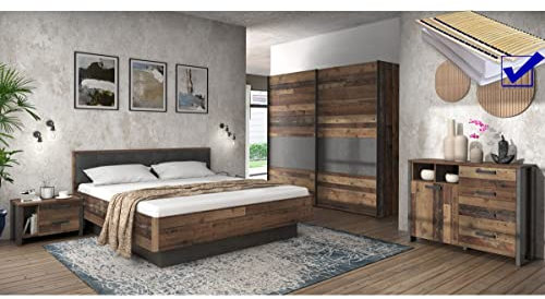 expendio Schlafzimmer Cedric 95A Old Wood Vintage 9-teilig Doppelbett 180x200 mit 2X Nachtkonsole Rost Matratze Schwebetürenschrank Kommode