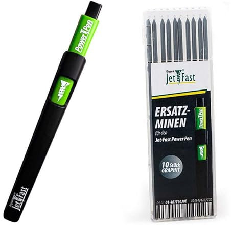 Jet-Fast - Premium Markierstift 2,8mm Graphitmine (INKLUSIVE 10 Minen + Anspitzer) Markierwerkzeug, Bleistift Set für Werkstatt, Baustelle, Tieflochmarker, Zimmermannsbleistift, Spezial-Graphitstift