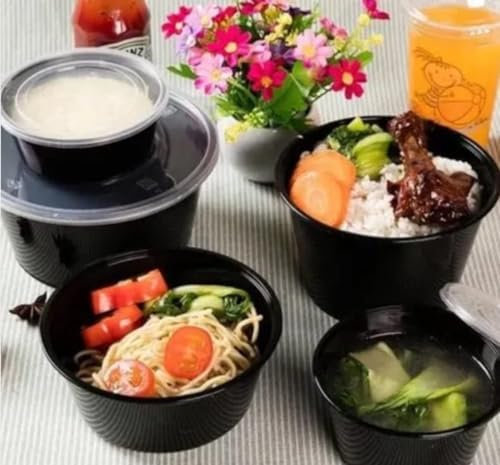 HOT BARGAINS 50 X 300ml Heavy Duty Round Takeaway Food Containers with Lids Black Colour Round Shape Container Non CFC, BPA Free, Microwave & Freezer Safe