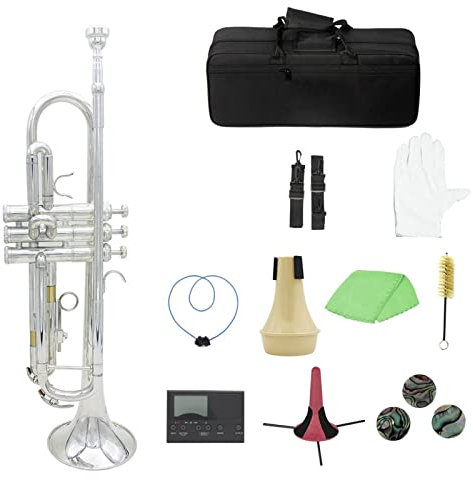 Messingtrompete Bb B Mit Mundstück Tragetasche Stimmgerät Dämpfer Trompetenständer Handschuhe Reinigungswerkzeuge Für Anfänger Trompete Anfänger Trompete (Color : Silver)