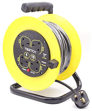 15 Metres Four Socket Open Cable Reel Extension Lead with Winding Handle 13A 4 Socket Thermal Out and Power Switch High Visibility Cable