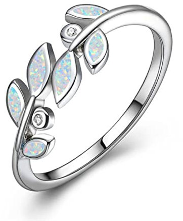 MAYIYAHO Vintage Blau Weiß Imitation Opal Ringe für Frauen Charm Weißgold Farbe Kristallblatt Verlobungsring für Frauen Eheringe