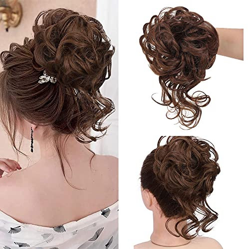 haarteil haargummi hochsteckfrisuren,haarteil mit gummiband groß dutt Lockige Wellige Haar Bun Scrunchies Erweiterungen Haarteil Haargummi dunkelbraun (#2/30 Natürliche schwarze dunkelbraun)