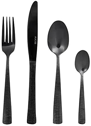 AKIS Besteck Set 4 Personen, 16 teilig Edelstahl Besteckset Essbesteck Set mit Messer Gabel Löffel, Hochwertiges Edelstahlbesteck Spülmaschinenfest schwarz