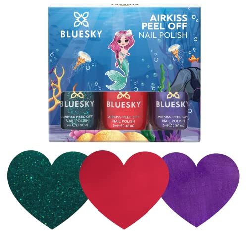 Bluesky Kids Peel off Nail Varnish Set - Under The Sea Collection, Red, Green, Purple. Easy Peel-off, Non-Toxic, Water- based, Odour-free Nail Polish for Kids, Gift Set, 3 x 5ml with Stickers