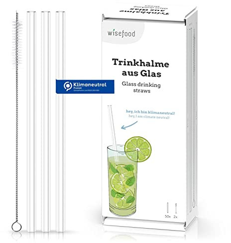 Wisefood Glas Strohhalme - 1000 Stück Glas-Trinkhalme 21cm - Wiederverwendbare Glashalme - 40x Reinigungsbürsten - Nachhaltige und plastikfreie Mehrweg Trinkhalme mit Aufbewahrungsbeutel