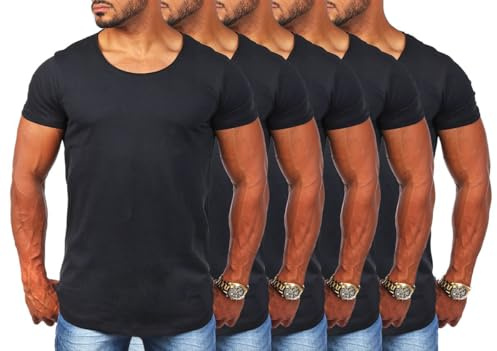 Young & Rich Herren Uni T-Shirt mit tiefem Rundhals Ausschnitt einfarbig körperbetontes Basic Tee Vintage Look 1702