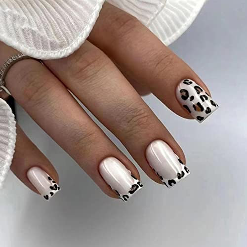 Ceboic 24 Pcs French Tip False Nails Short, Square Press on Nails Ballet Glossy Fake Nails with Designs, Removable Acrylic Full Cover Stick on Nail for Women and Girls (Leopard Print)