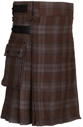 Herren-Kilt in schwarzer Uhr, verwittertes Schottenkaro-Lederband, 473 g, Acrylwolle, Utility Kilts, Schwarze Uhr verwittert, 30'' Around The Belly Button