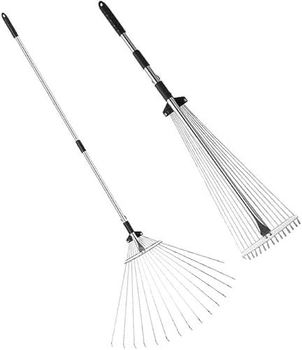 Roll over image to zoom in zeeyrak 15 Teeth Adjustable Metal Lawn Rack, Garden Leaf Rake, Garden Rake for Leaves Among Plants, Lawns and Yards.
