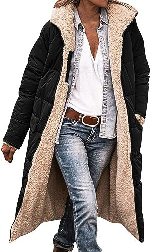 FNKDOR 2023 Herbst und Winter Damen Große Größen Lang Kapuze Teddyfutter Daunenjacke Steppjacke Winterjacke (Black, S)
