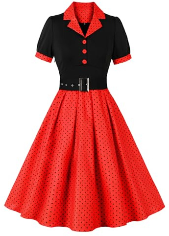 Wellwits Femmes Noir Corset Boutons Pois Plissés Travail Bureau Formel Cocktail Soirée Années 1950 Vintage Costume Robe