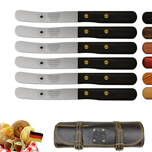 Solingen, set di 6 coltelli con lama ondulata con custodia in pelle di alta qualità, manico in legno, coltello per la colazione, coltello per panini, lama antiruggine, coltello da cucina extra