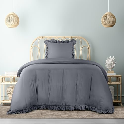 Utopia Bedding Rüsche Bettwäsche 135x200 Set - Mikrofaser Bettbezug 135x200 cm + 1 Kissenbezug 80x80 cm - Grau