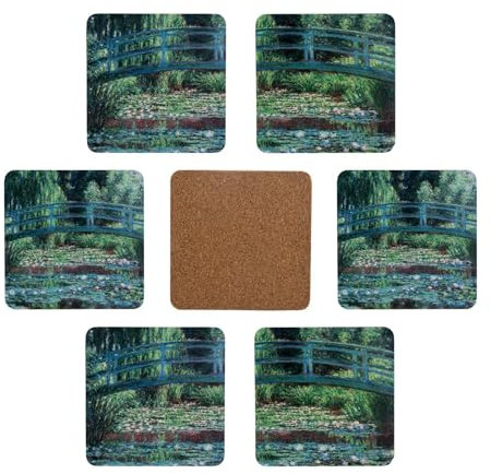 PracticDomus Set mit 6 Untersetzern Premium Design für Gläser, Tassen oder Kerzen auf Ihrem Tisch mit Korkfuß, quadratisch, 10 cm, Edition (Die Monet-Brücke)