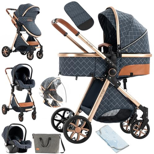 NADDLILY Passeggino Trio, Passeggino 3 in 1 con Spinta Reversibile a Due Vie, Trio Passeggino Neonati con Accessori, Carrozzina per Neonati con Design Portatile Pieghevole Un Clic (V9 Blue)