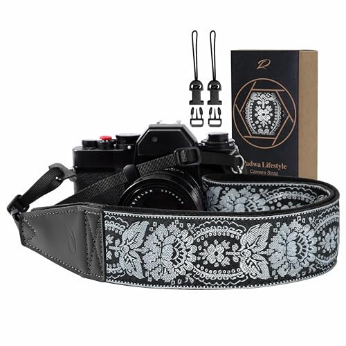 Padwa Lifestyle Camera Strap - 2 Full Grain Leather Ends Camera Straps for Photographers, Vintage Embroidered Cotton Weave Soft Suede Fabric Padded Strap Quick Release fits All Cameras