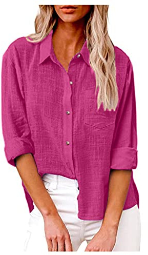 Chemise Lin Femme 2024 Éte Chemisier Coton Et Lin Col V Boutons Décontractés Manches Longues Tops Couleur Unie Tunique Blouse