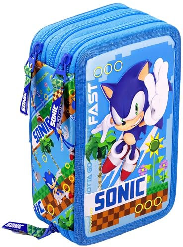 Clondo Federmäppchen Kinder, für Sonic Fan, 45 Schulzubehör, 3 Reißverschlüsse, organisierte Fächer, Buntstifte, Filzstifte, Kleber, Schere, Jungen