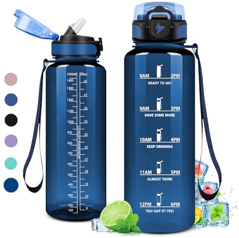 Trinkflasche 1.5L, Trinkflasche Sport mit Strohhalm, Trinkflasche groß, Wasserflasche Auslaufsicher, BPA-Frei, Trinkflasche mit Zeitmarkierungen, Sportflasche für Erwachsener, Büro, Fitness