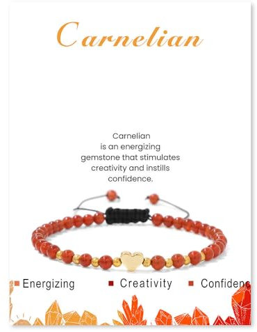 LOCCY Bracciale in cristallo per donna, bracciale in pietra naturale da 4mm con ciondolo a cuore Bracciale in pietra preziosa regolabile Bracciale yoga per donne e ragazze (Corniola)