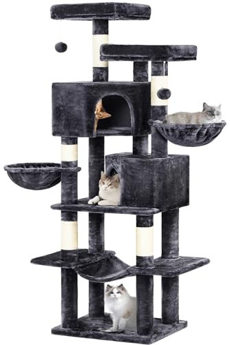 Kratzbaum für Große Katzen 180 cm hoch, Katzenbaum mit 2 Höhlen, 3 Liegemulden, 2 Aussichtsplattformen, Sisal Seil Kratzsäulen, viele Plüschbälle (dunkelgrau)