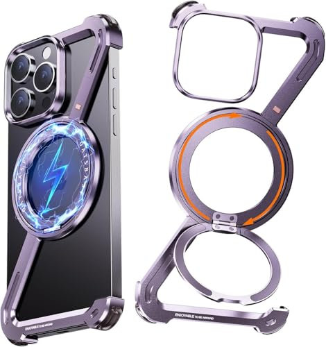 NIFBANG Z Case for iPhone 14 Pro Phone Case,Frameless Metal with Stand,360°Rotating Magnetic Kickstand Ring Protective Cover,Slim Shockproof Minimalist Thin Cases for iPhone 14 Pro(Purple)