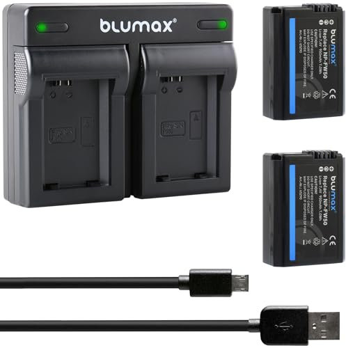 2X blumax Akku Ersatz für Sony NP-FW50 [ 950mAh ] + Dual Charger für Alpha 7 7II 7R 7S II 55 6300 6500 / NEX-6 NEX-7 NEX-F3 / DSC RX10 IV // ZV-E10