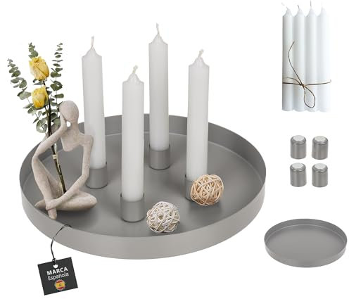 Bandejas Decorativas, con 4 Velas Blancas y 4 Portavelas Magneticos, Decoración Hogar, Centros Decorativos de Mesa, Adornos Salón, Decoración Baño, Decoración Cocina, Decoración Recibidor (Gris)