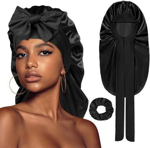 ACWOO Satin Haarhaube für Damen, 2 Stück Lange Satin Schlafmütze, Seidenhaube Zum Schlafen Schlafhaube Haare Schützen für die Nacht Bonnet mit elastischem Band