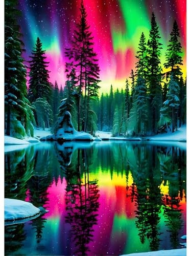 DPHERO DIY Nordlichter Diamant Painting Bilder für Erwachsene Anfänger,5D Spiegelung Diamond Painting Set,DIY Landschaft Runde Steine Diamant Kunst Kits, Diamant Painting für Zuhause Dekor 30x40cm