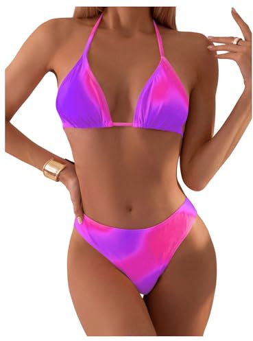 GORGLITTER Damen Bikini Set Sommer Batik Badeanzug Triangel Bikini-Set Neckholder Badeanzug Urlaub Strand Bademode Violett M