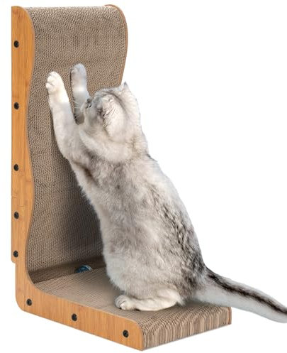 Griffoir pour Chat en Forme de L - Happy & Polly 66 cm de Haut avec Balle, Planche à Gratter Durable pour Protéger Meubles et Canapé, Grand