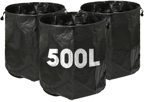 Harbour Housewares 500L Sacs pour Déchets de Jardin avec Poignées - Noir - 3X Grand Fort Réutilisable Plastique Robuste Jardinage Décombres Déchets Herbe Compost Feuille Sol Boutures Sacs à Ordures