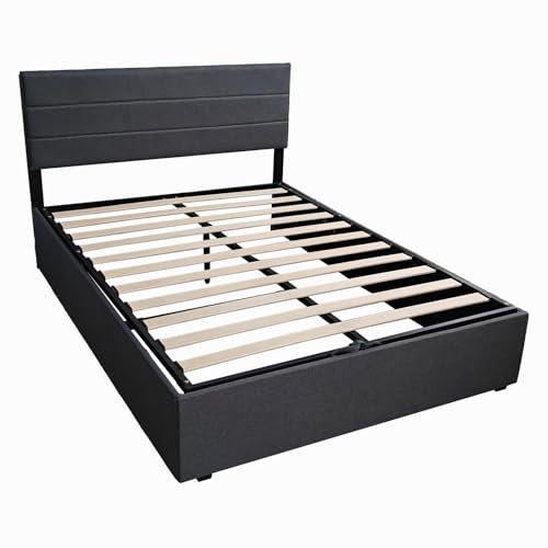 Panana Upholstered Ottoman Double (4ft6) / King (5ft) Grey Linen Fabric Storage Bed, Gas Lift Up Bed Frame with Storage, End Opening Wooden Slats (Grey with Horizontal Headboard, King Size)