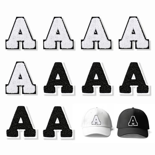 JSRQT 10Pcs Iron on Patches Letter A, Black White Alphabet Sew On Patches Embroidery Applique 7cm, Self Adhesive Letter Embroidered Patch Decorate for Clothing, Hat, Bag, Jackets, Jeans, Repair Hole