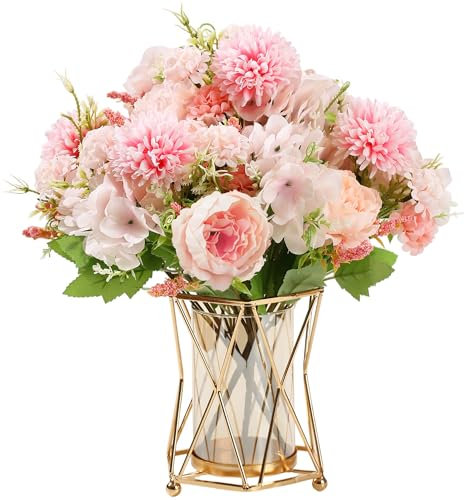 HNVNER Artificial Flowers 2 Pack Pink Fake Silk Peony Bouquet Hydrangea Faux Flower for Home Kitchen Garden Party Wedding Decoration