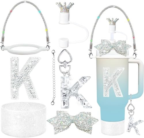 8Pcs Silvery Stanley Cup Accessories Set for Stanley Cup 30&40 Oz Tumbler, Silicone Straw Cover Cap and Boot, Handle Letter Charm, Bow Decoration Initial Sticker, Diamond Water Bottle Handle Strap (K)