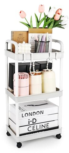 Storage Trolley Cart 3 Tier Plastic Rolling Storage Rack, Mobile Storage Shelving Organizer Utility Cart Snack Cart Trolley for Kitchen, Bathroom, Laundry Room, Bedroom,White with Hooks