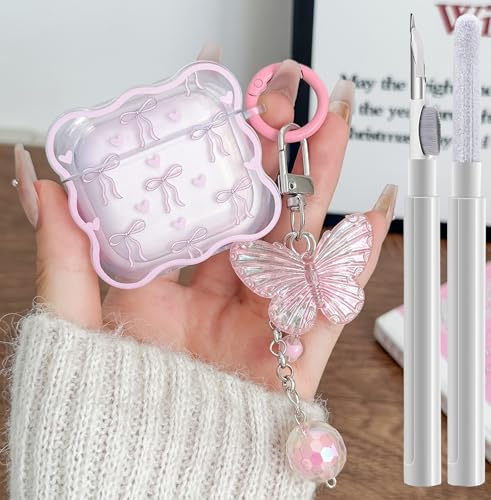 Schutzhülle für iPod 4, transparent, mit Schleifen-Motiv, mit niedlichem Schmetterlings-Schlüsselanhänger, weiche TPU-Schutzhülle, stoßfeste Hülle und Reinigungsset für Airpod 4, für Mädchen und
