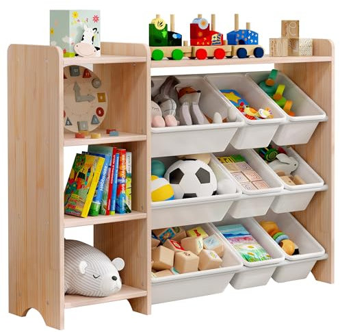 MALLBEST Vierstöckiges Bücherregal Kinder - 100% Massivholz,Kuscheltieraufbewahrung mit 9 Plastikkörben und 3 Staubereichen,Kinderregal,Regal kinderzimmer (Naturfarbe)